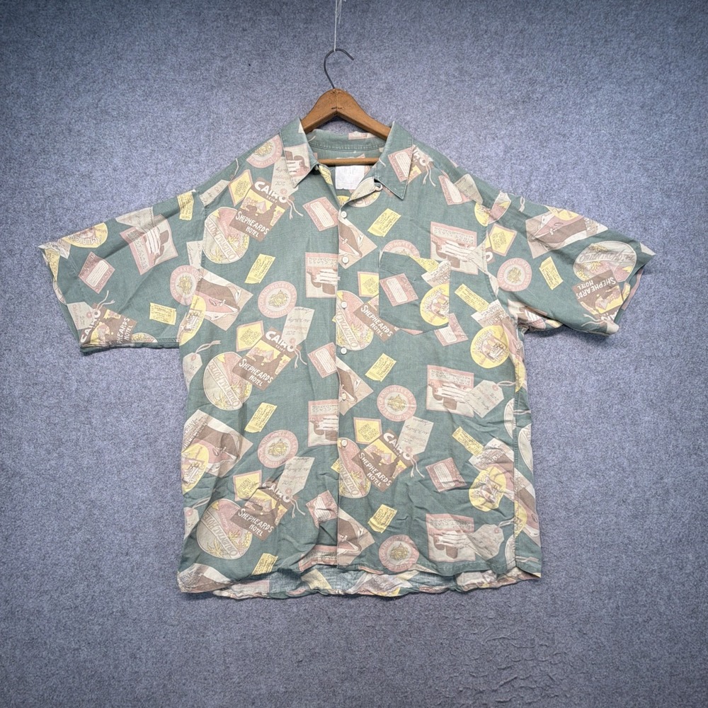 Vintage Gap Shirt Mens XL Linen Rayon Post Office Letter Print Loop Collar